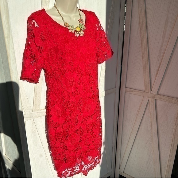 💋 Trulli Valentines 💝 Red Short Sleeve Crochet Lace Shift Dress 👗 - 4 - Picture 9 of 9